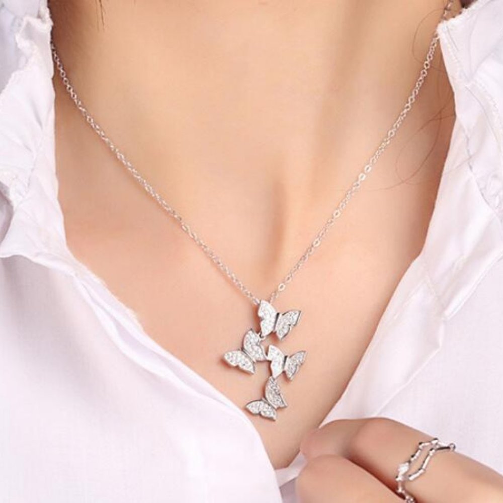 NEW 925 Sterling Silver Diamond Butterfly Necklace